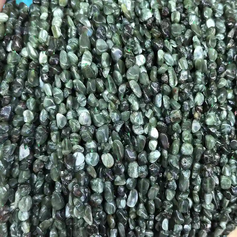 Irregular Seraphinite Beads showing Seraphinite Meaning with natural green color and silver feather-like patterns
