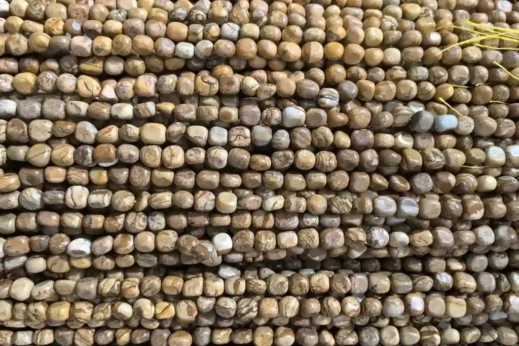 Picture Jasper Tumbled Strand Beads – Picture Jasper tumbled strand beads with earthy patterns, perfect for making grounding jewelry that reflects Picture Jasper meaning.