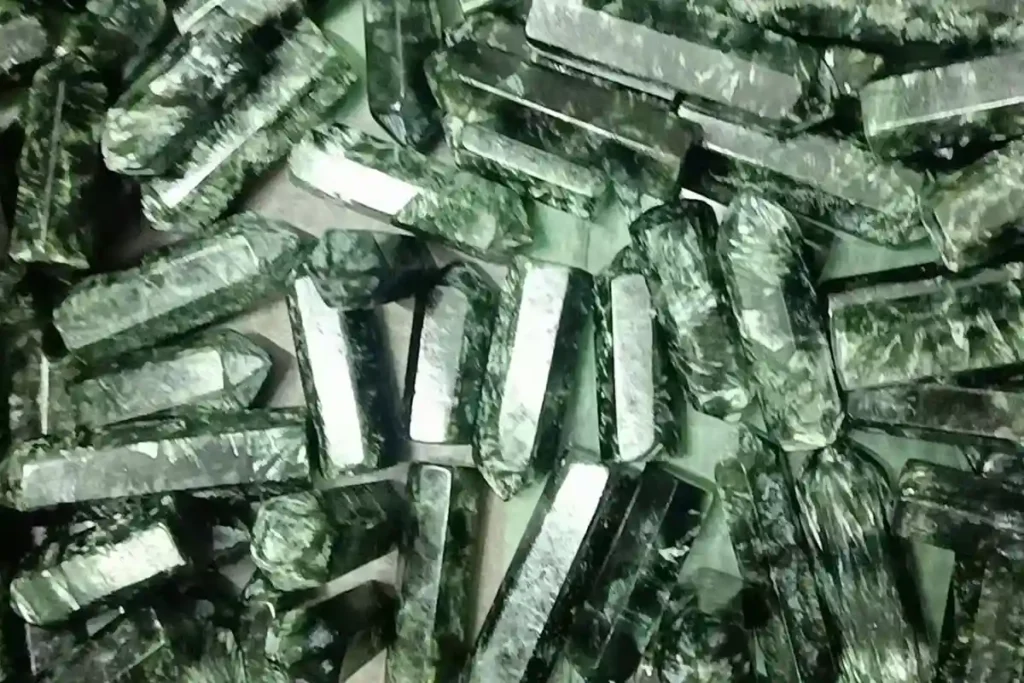 Seraphinite Tower polished green seraphinite crystal tower with natural silver flash