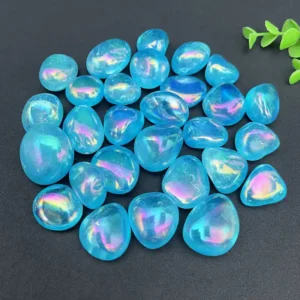 Polished Aqua Aura Tumbled Stone Wholesale in bright blue color for wholesale crystal supply