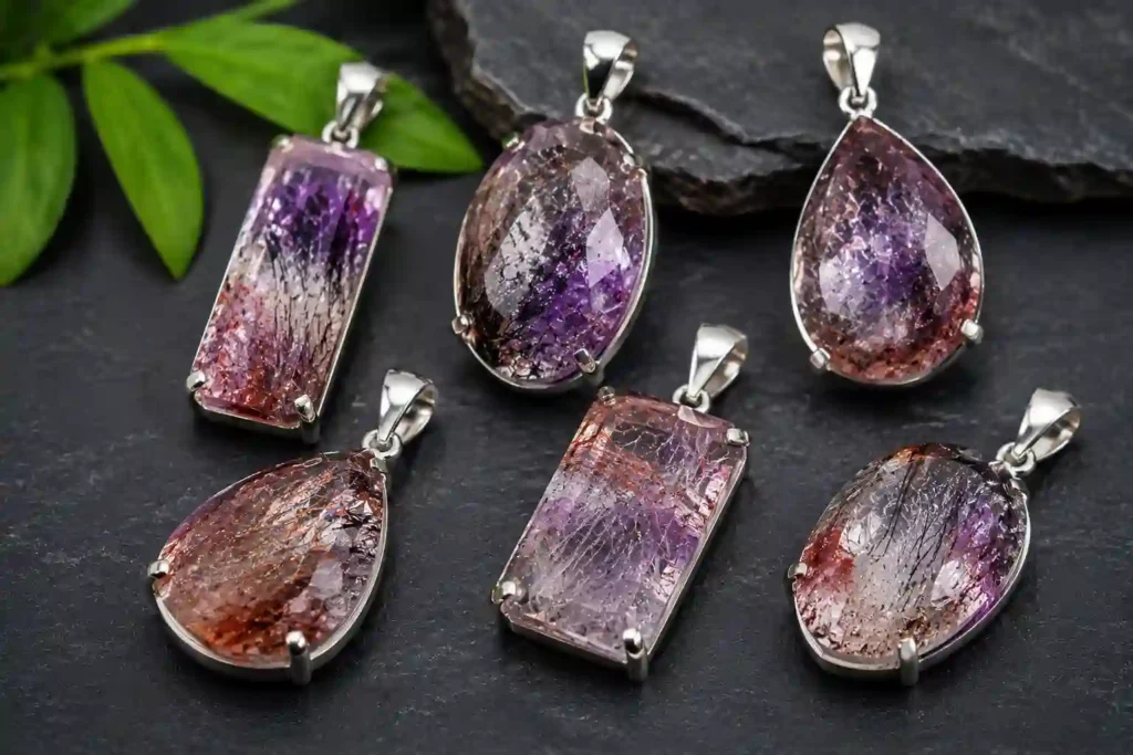 Super Seven Crystal meaning displayed in natural gemstone pendants with unique mineral inclusions and polished surfaces