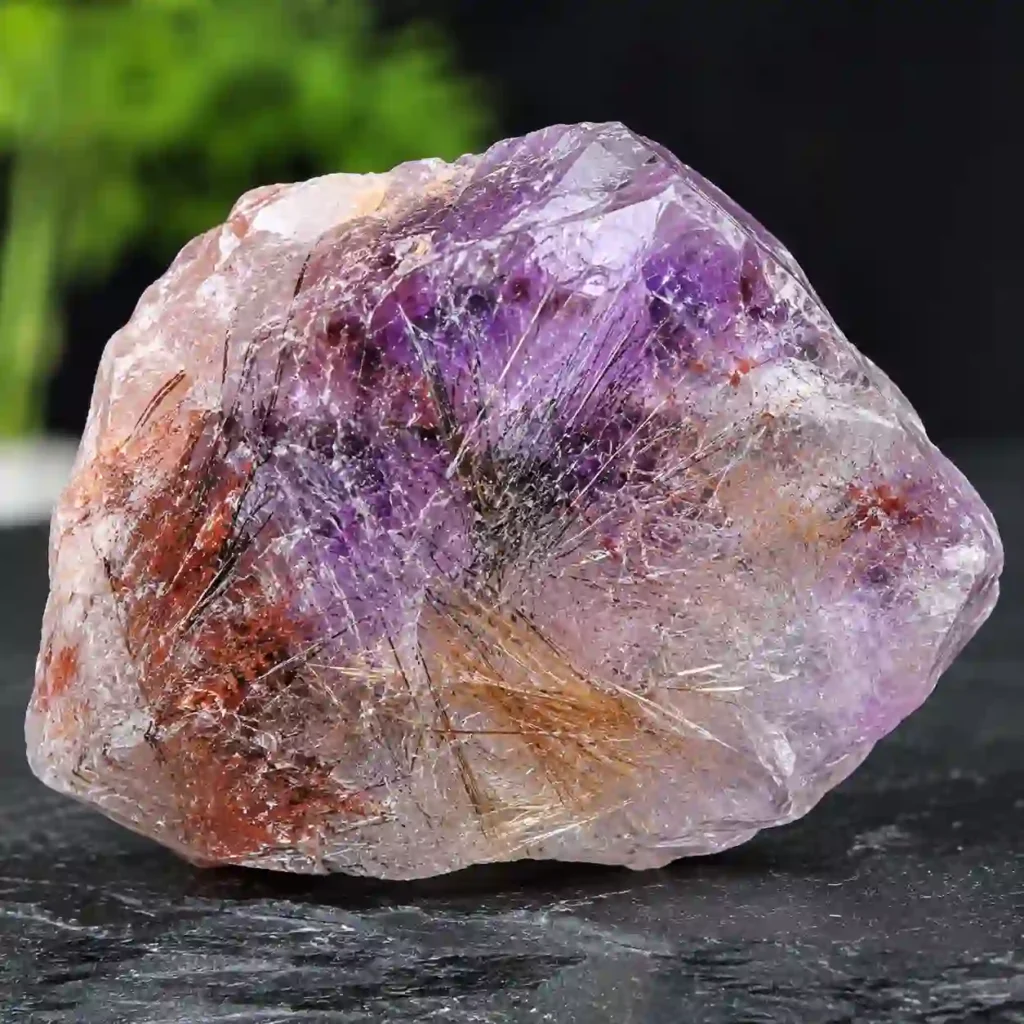 Super Seven Crystal meaning highlighted by raw rough stone with natural texture, purple tones, and mineral layering