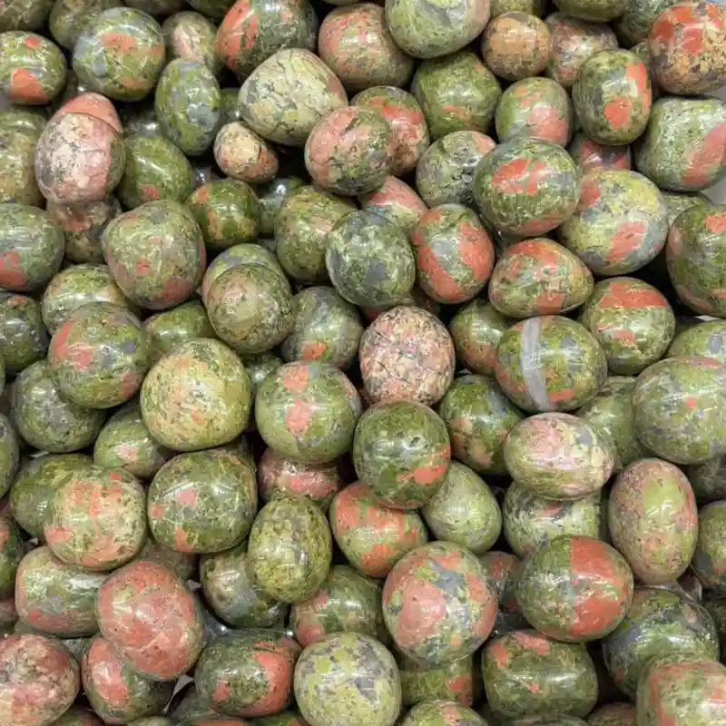 Premium 20-30mm Unakite tumbled stone batch, ideal for retail shops focusing on the grounding Unakite meaning.