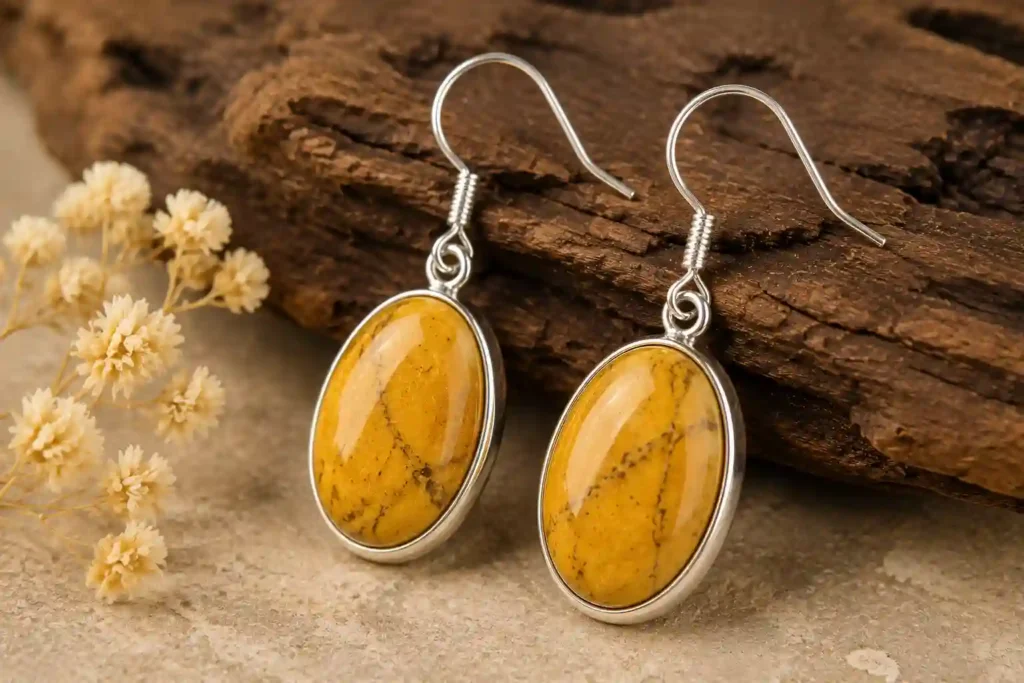 Yellow jasper meaning represented through handcrafted yellow jasper earrings with natural golden tones and polished gemstone cabochons