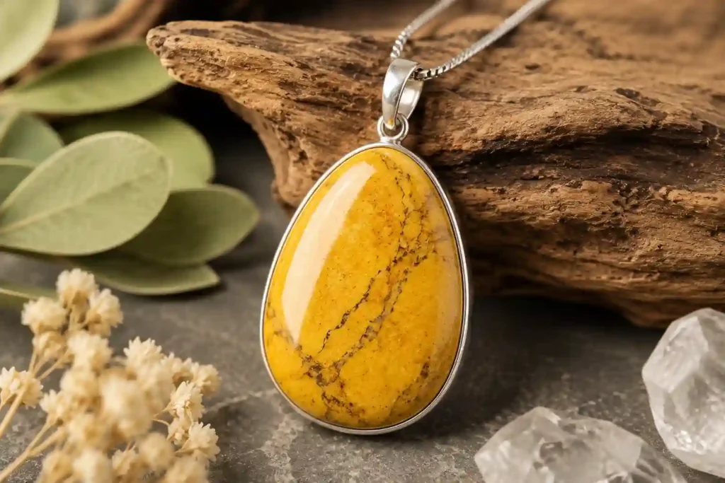 Yellow jasper meaning showcased in a polished yellow jasper pendant with warm earthy patterns and natural stone beauty