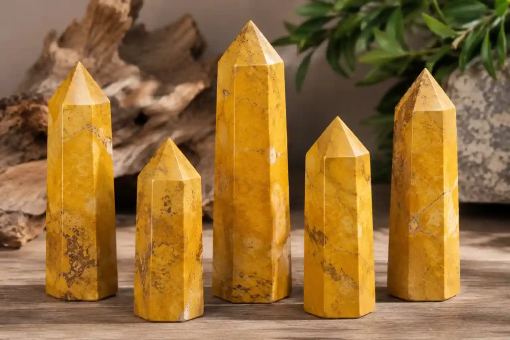 Yellow jasper meaning symbolized by polished yellow jasper crystal towers featuring rich golden colors and natural patterns