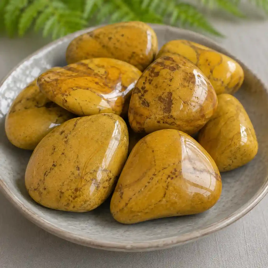 Yellow jasper meaning expressed through polished yellow jasper tumbled stones with smooth surfaces and earthy yellow shades