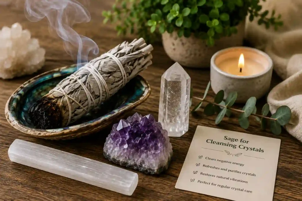 Sage for cleansing crystals with Amethyst and Clear Quartz