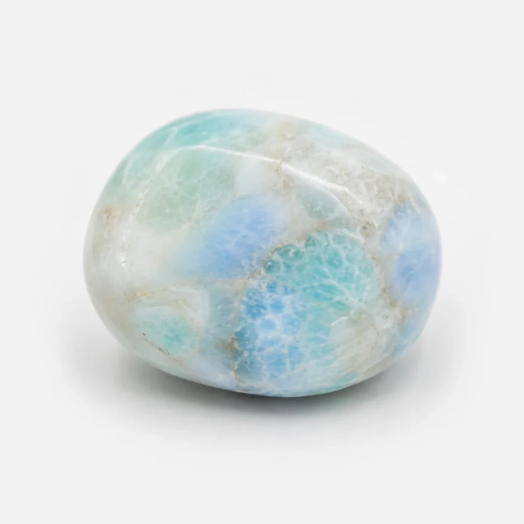 Polished blue opal tumbled stone with pale blue-green color showing blue opal meaning for calm and balance