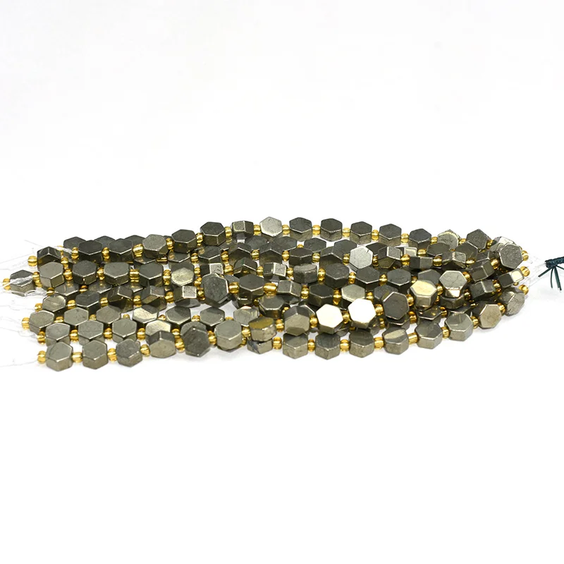 Pyrite Hexagon Beads Wholesale details showing 10x10mm natural stone beads