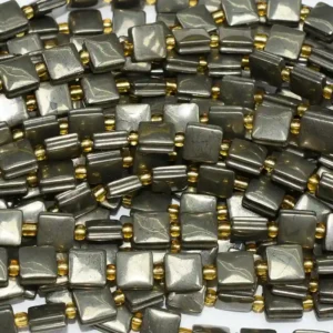 Pyrite Square Beads Wholesale close-up view showing square bead shape, drilled holes, and polished surface finish