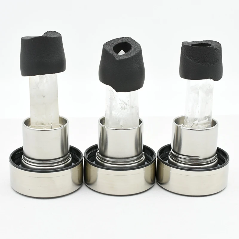 Rock Crystal Water Bottle Wholesale product details showing bottle caps, bases, and clear quartz inserts