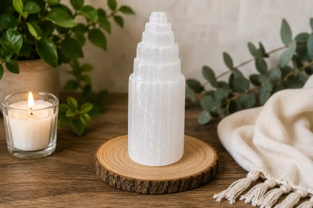 Selenite Crystal for Cleansing displayed on a wooden stand