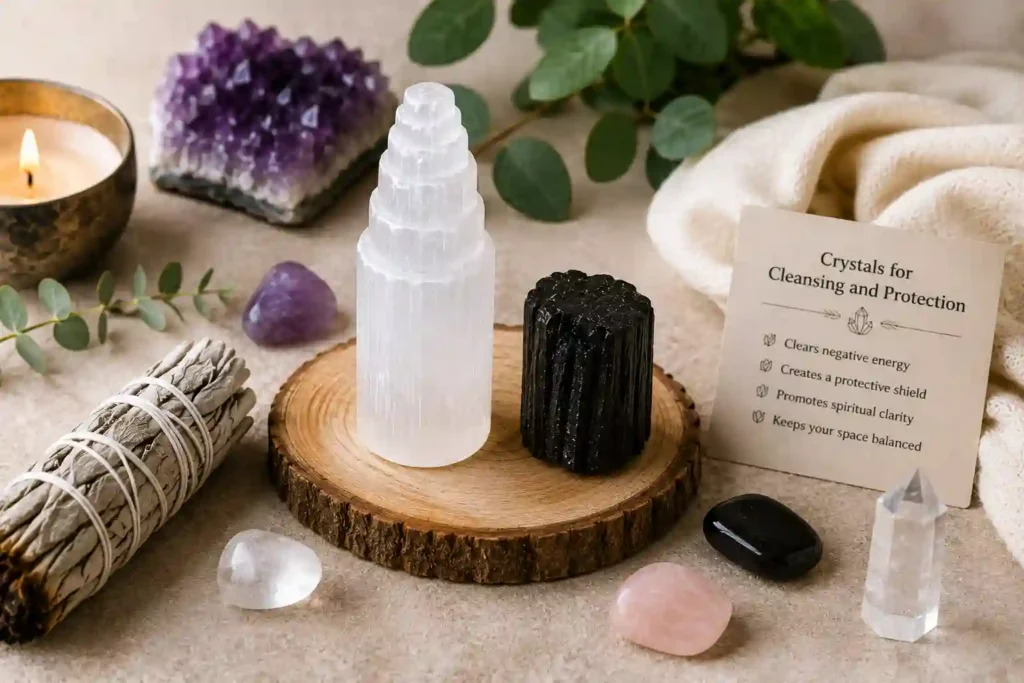 Crystals for Cleansing and protection featuring Selenite and Black Tourmaline