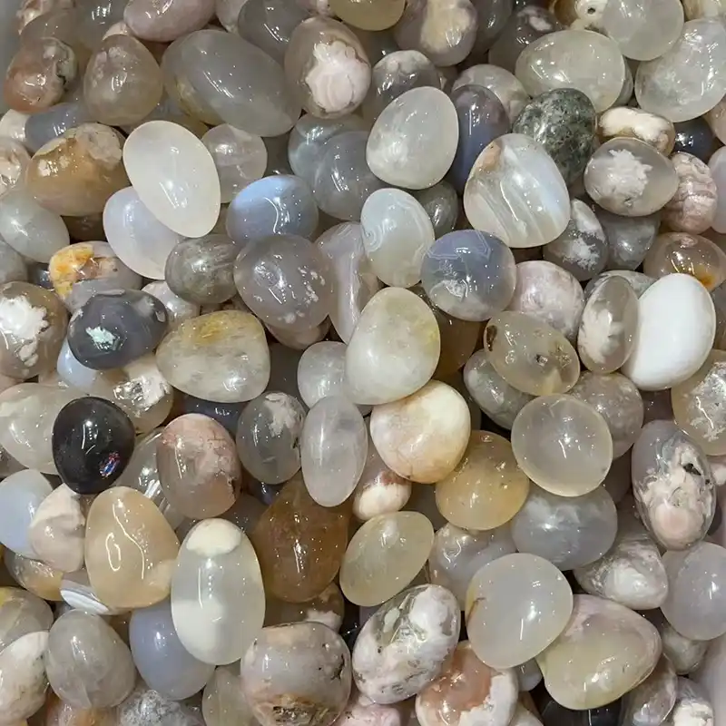 Flower Agate Meaning – 20–30mm polished Flower Agate tumbled stones in natural colors