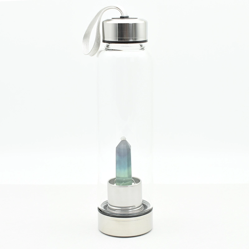 Fluorite Crystal Water Bottle Wholesale product showing clear bottle with natural fluorite crystal tower inside