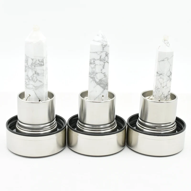 Howlite Water Bottle Wholesale display with multiple howlite crystal stands for bulk orders