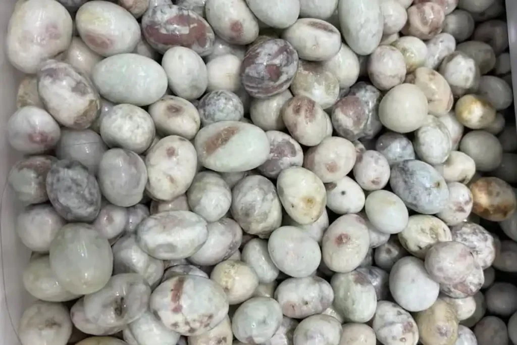 Plum blossom tourmaline tumbled stones with white, gray, and black patterns