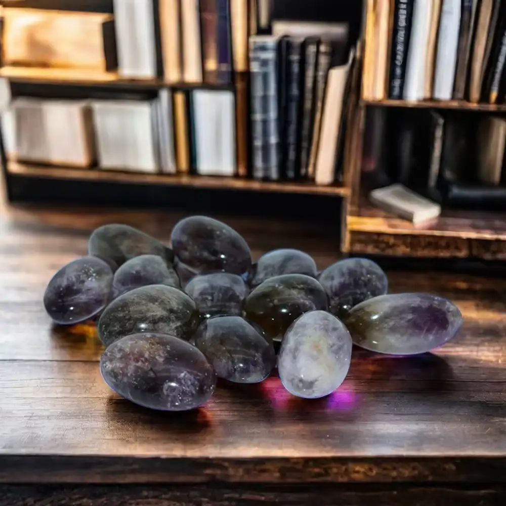 Ametrine Tumbled Stones Wholesale arranged on a wooden desk