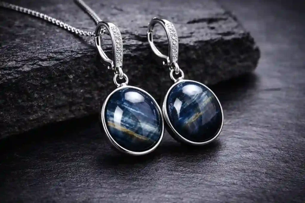 Blue Tigers Eye Meaning – polished blue tiger eye drop earrings with silver hooks