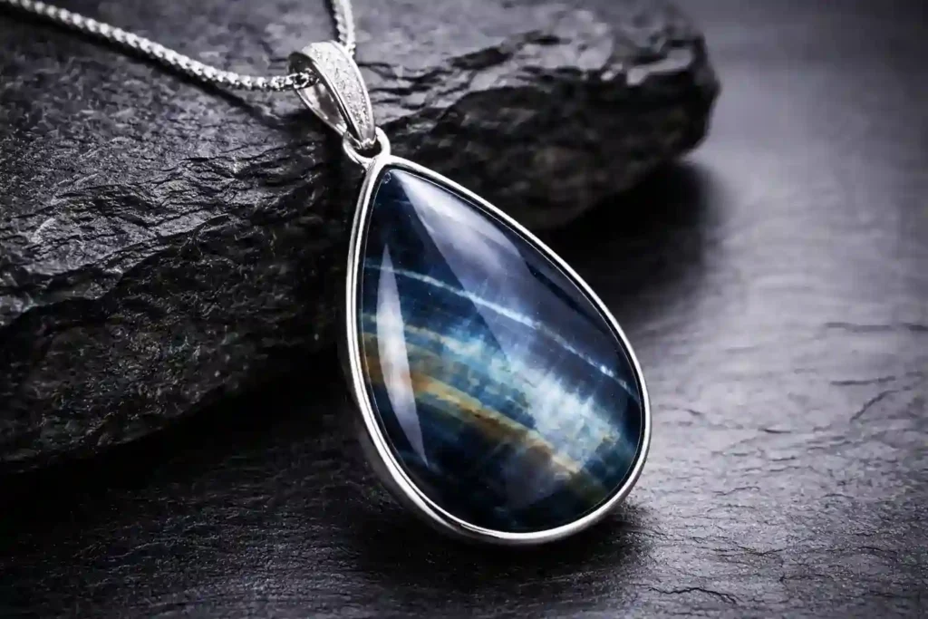 Blue Tigers Eye Meaning – polished blue tiger eye teardrop pendant with chatoyancy