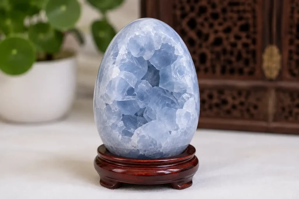 Celestite Crystal Meaning – polished blue celestite crystal egg displayed on a wooden stand