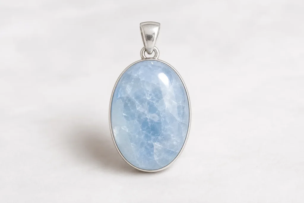 Celestite Crystal Meaning – pale blue celestite crystal pendant with a polished oval stone