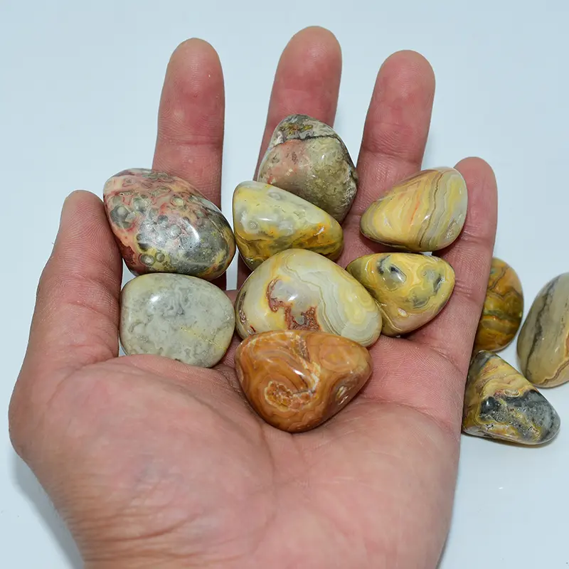 Crazy Lace Agate Tumbled Stone Wholesale shown in hand for size reference