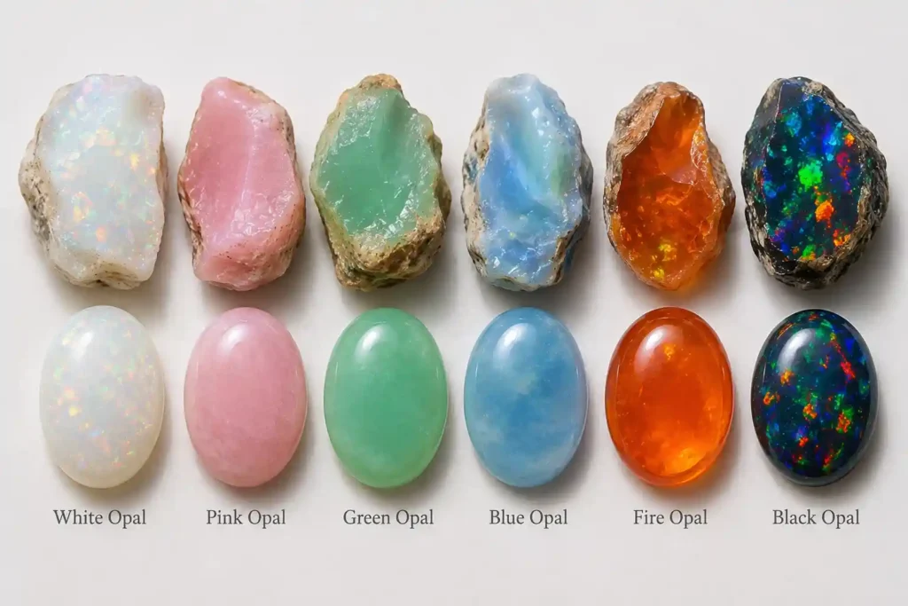 Opal Meaning and different types of white, pink, green, blue, fire and black opal