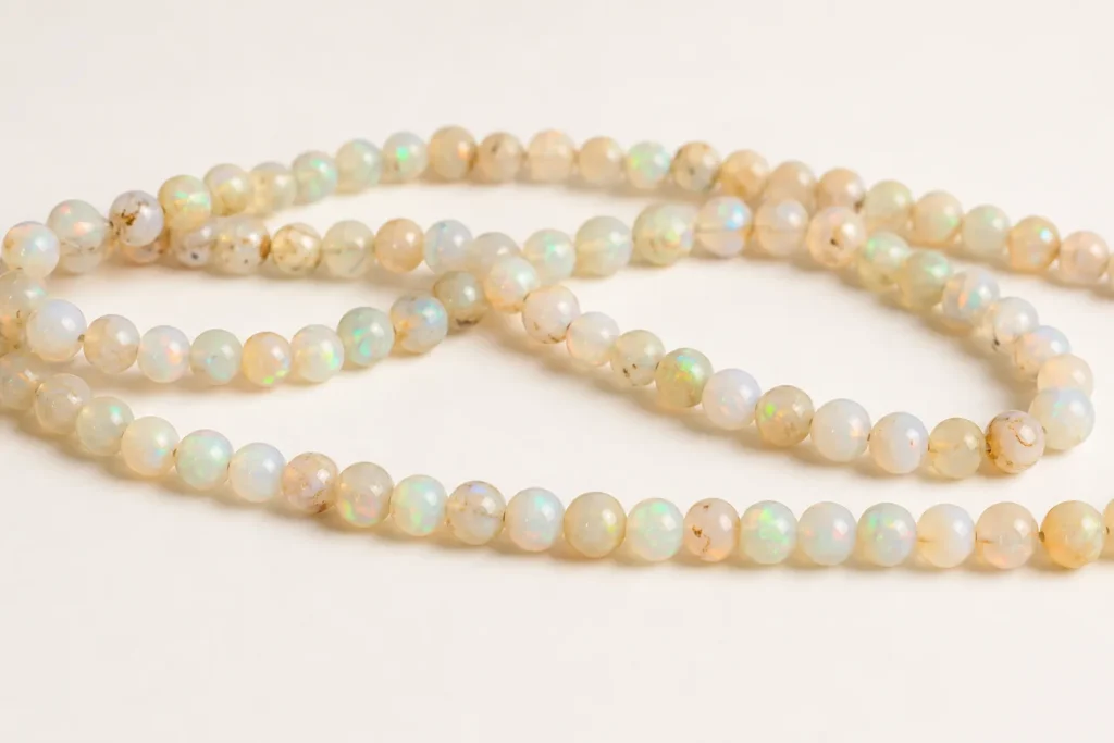 Ethiopian Opal Beads: Polished Ethiopian opal bead strands with colorful flashes illustrating Ethiopian Opal Meaning