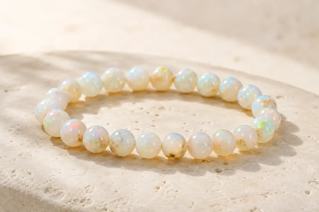 Ethiopian Opal Bracelet: Round Ethiopian opal bead bracelet with natural play-of-color representing Ethiopian Opal Meaning