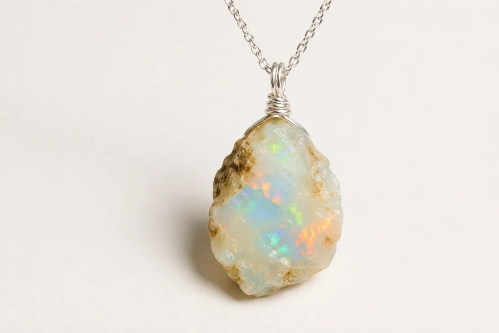 Ethiopian Opal Pendant: Raw Ethiopian opal pendant with silver wire wrapping showing Ethiopian Opal Meaning