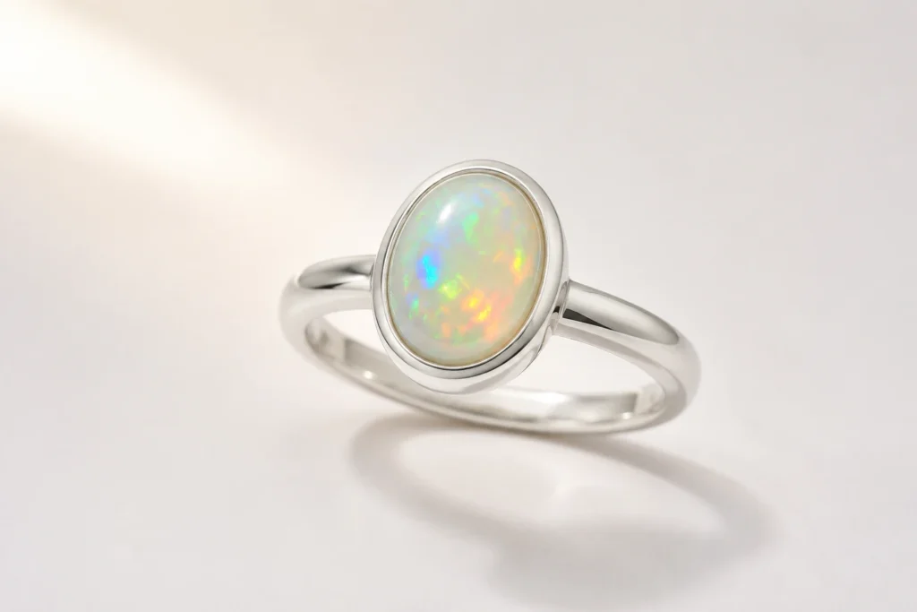 Ethiopian Opal Ring: Ethiopian opal cabochon ring in a polished silver setting for Ethiopian Opal Meaning