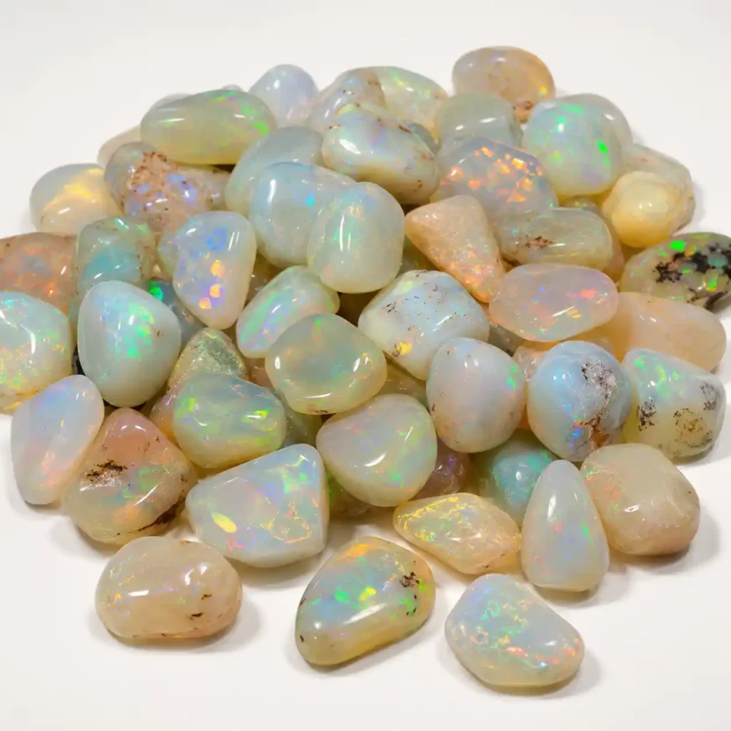 Ethiopian Opal Tumbled Stone: Polished Ethiopian opal tumbled stones with rainbow color flashes related to Ethiopian Opal Meaning