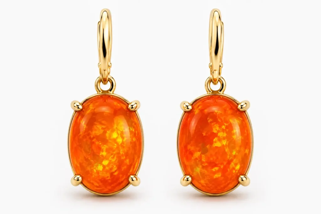 Fire Opal Meaning shown with orange fire opal earrings in gold settings