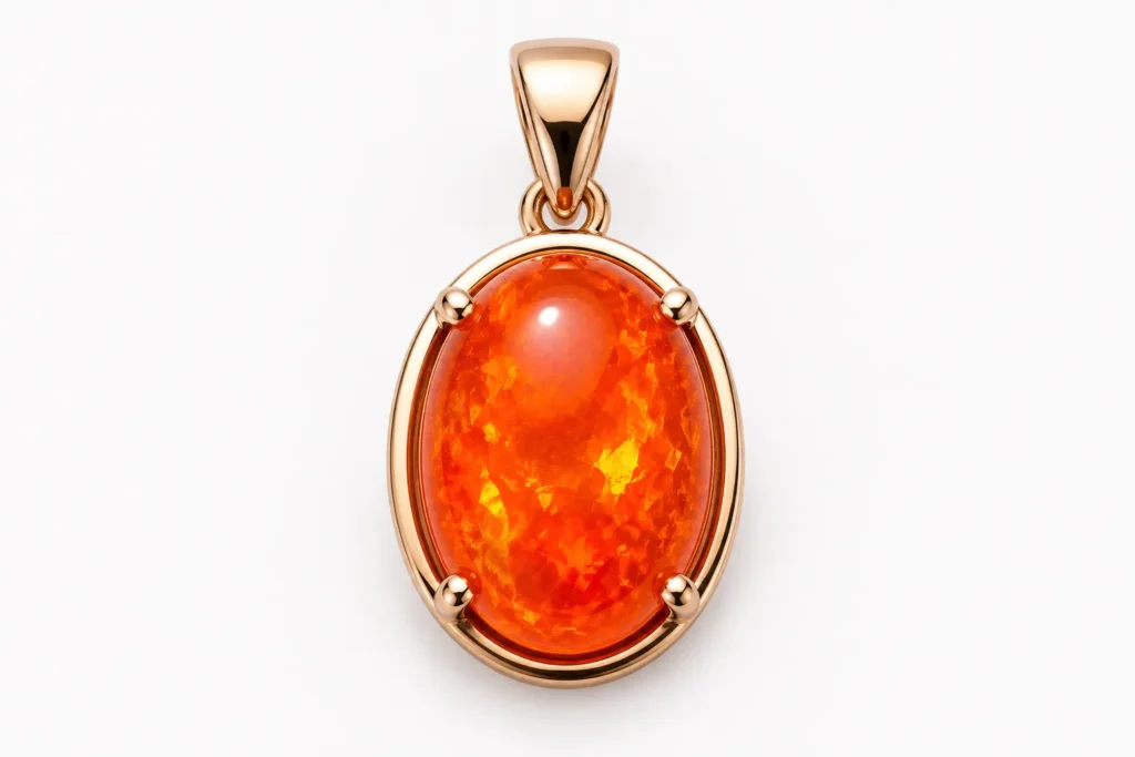 Fire Opal Meaning with a polished orange fire opal pendant in a gold setting