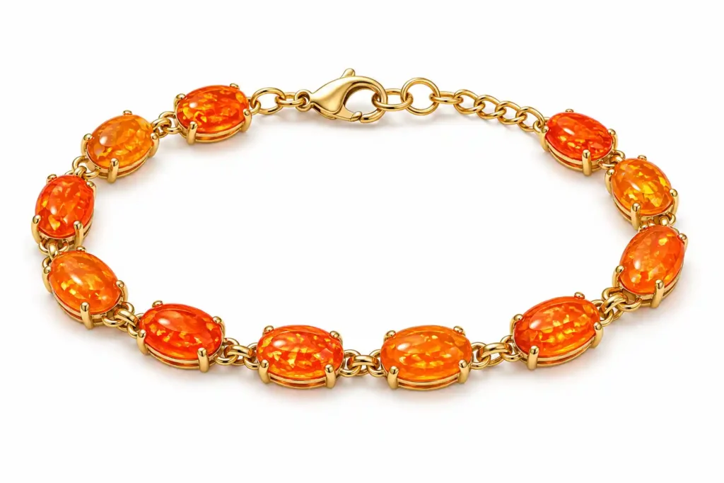 Fire Opal Meaning with an orange fire opal tennis bracelet in a gold setting