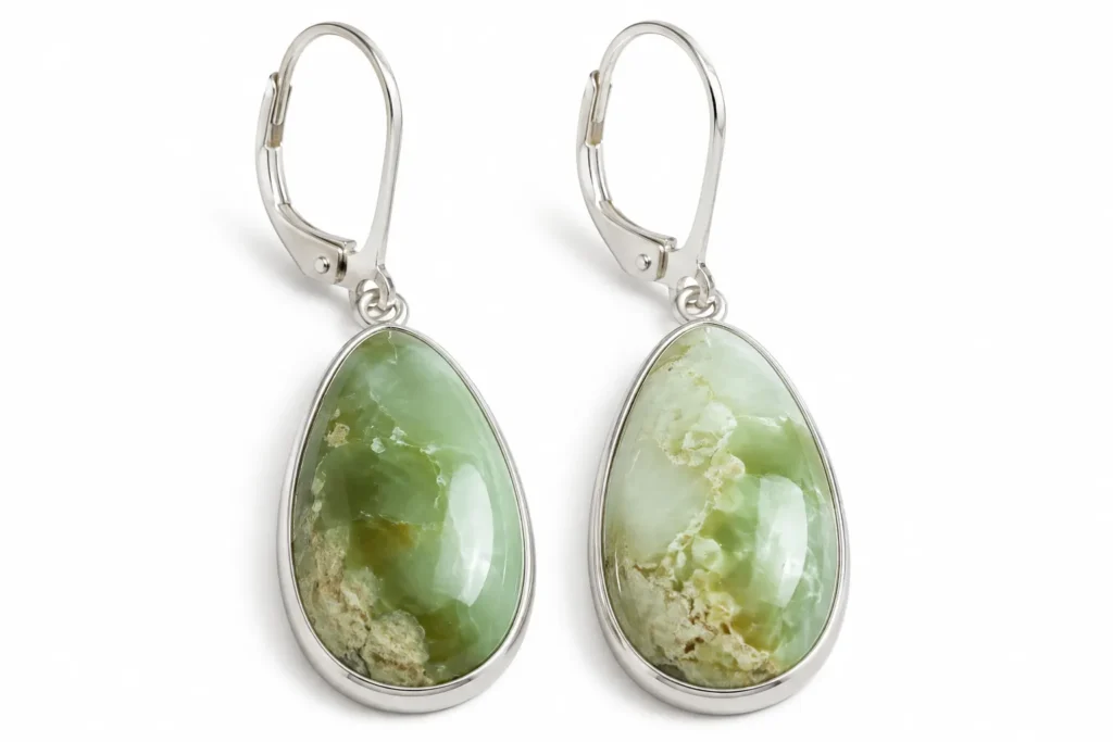 Green Opal Meaning – green opal earrings with polished teardrop stones and silver-tone settings