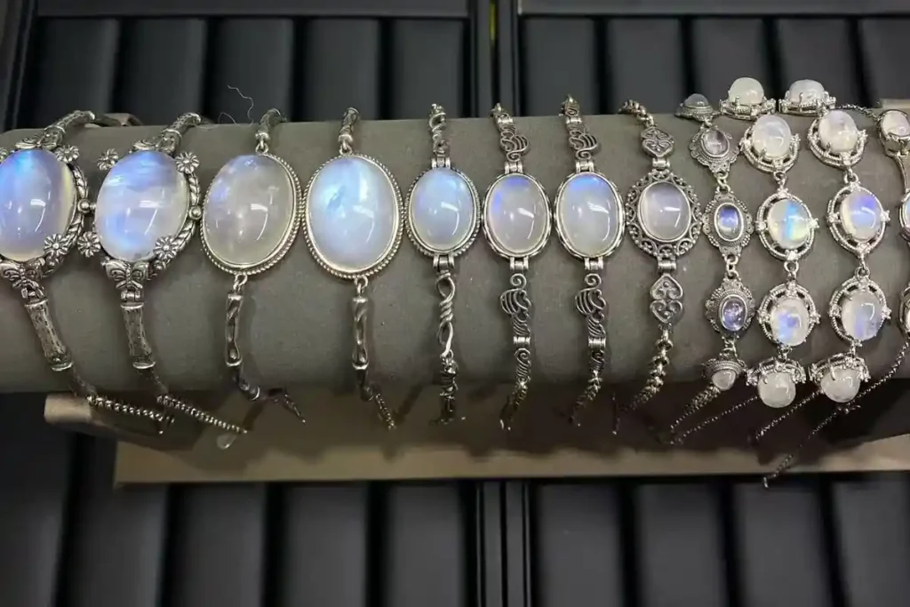 Rainbow Moonstone Benefits 925 silver bracelet with polished white round stones