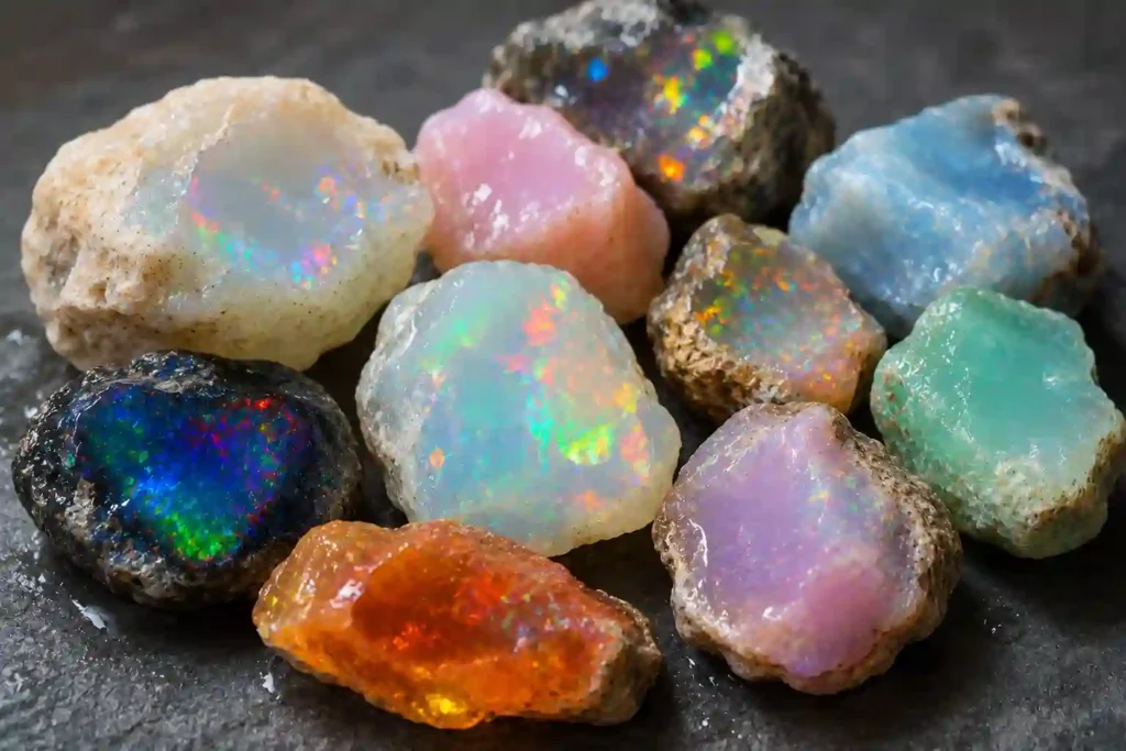 Opal Meaning with raw opal stones in different natural colors and patterns