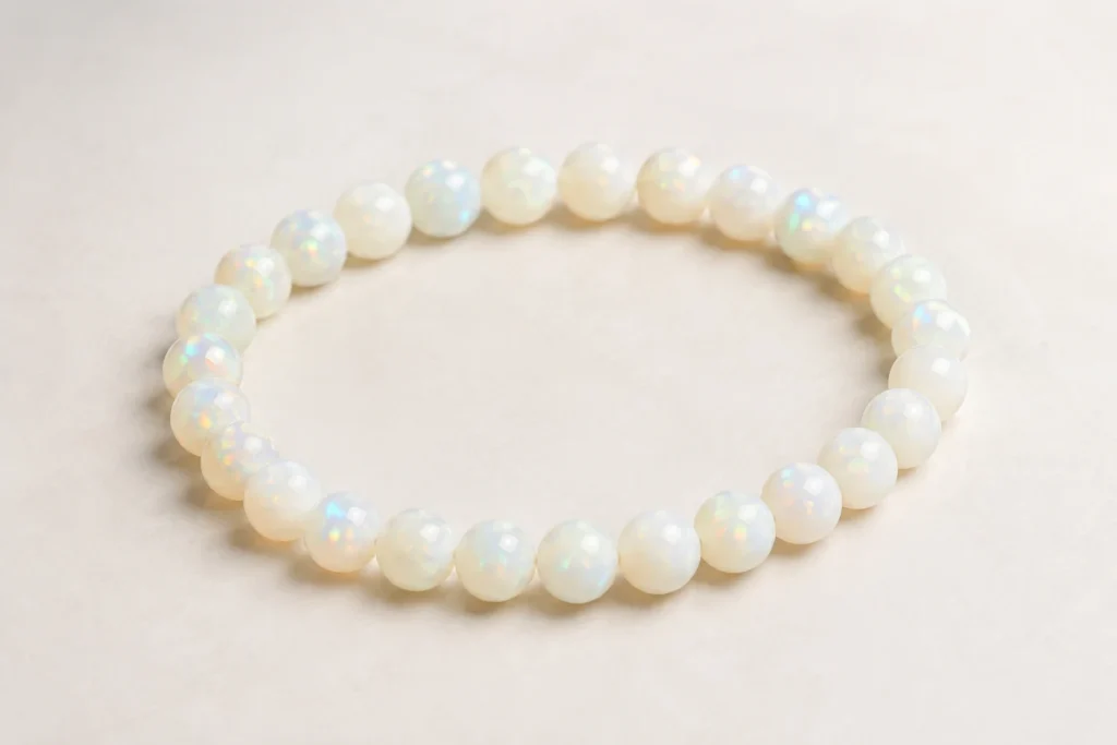 White Opal Meaning bracelet with polished milky white beads and natural rainbow flashes