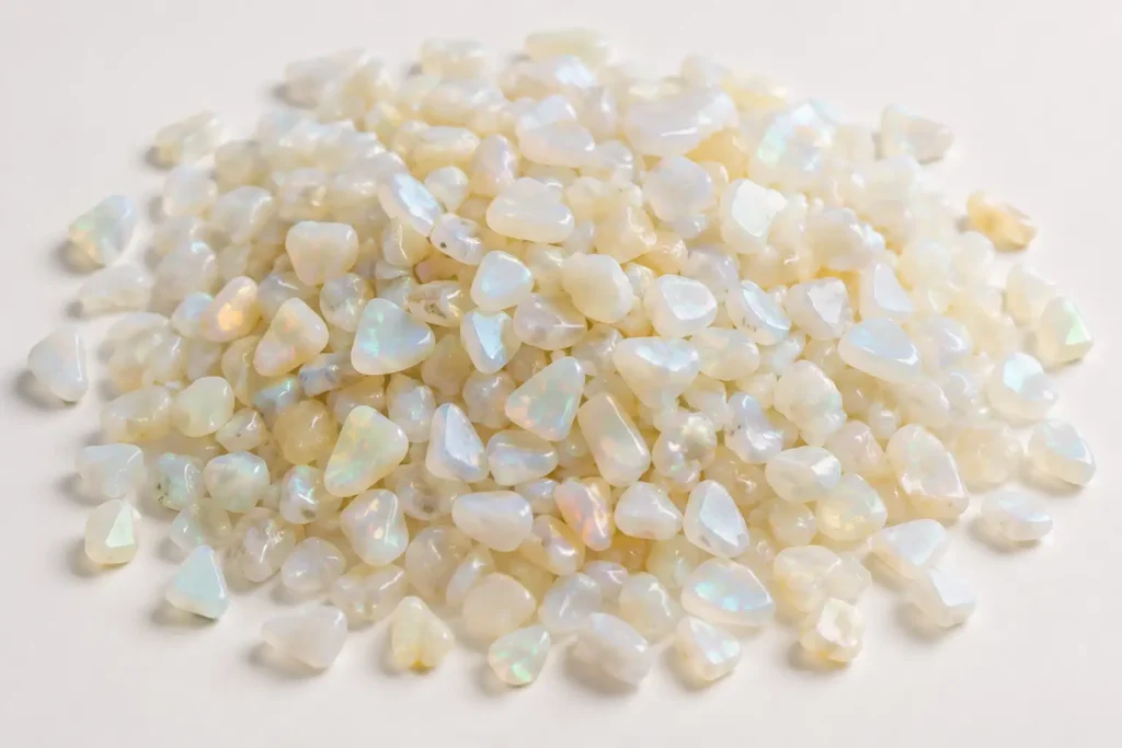 Polished White Opal chip stones showing the colors associated with White Opal Meaning