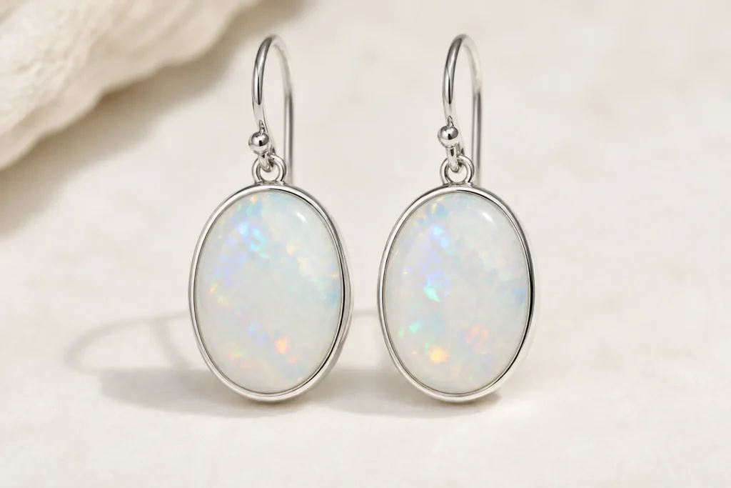 White Opal Meaning earrings with matched oval stones and sterling silver settings