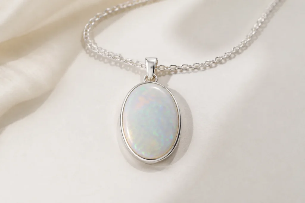 Oval gemstone pendant displaying soft play-of-color linked with White Opal Meaning