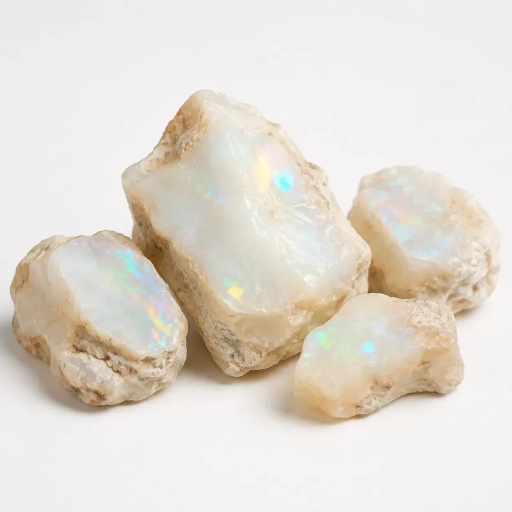 Natural rough stones with milky white surfaces and colorful flashes for White Opal Meaning
