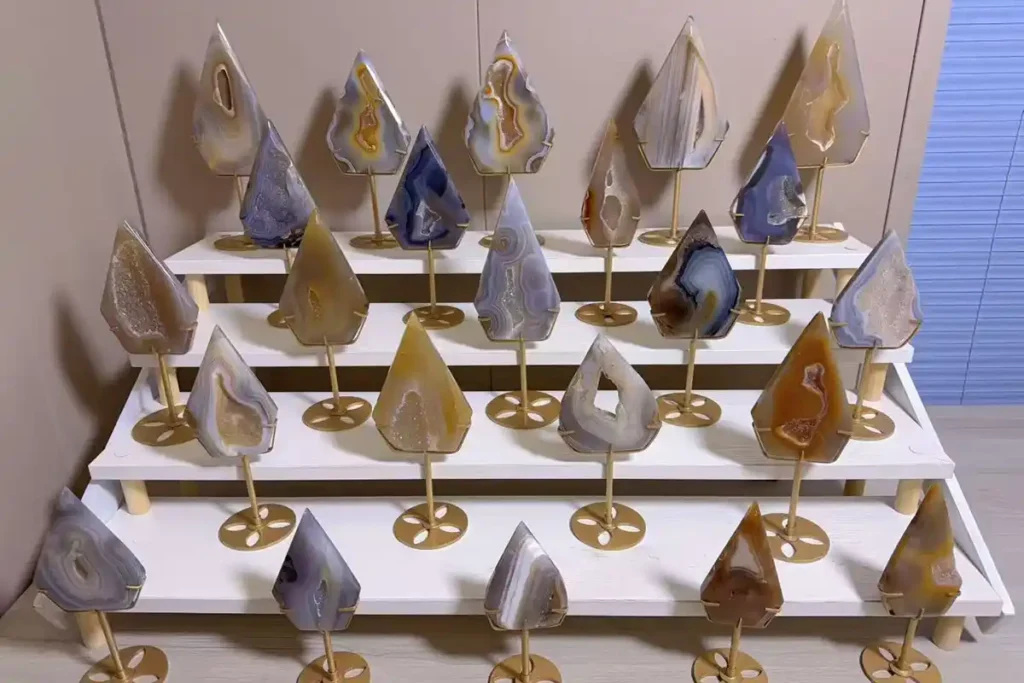 Agate Meaning with polished agate crystal display stands