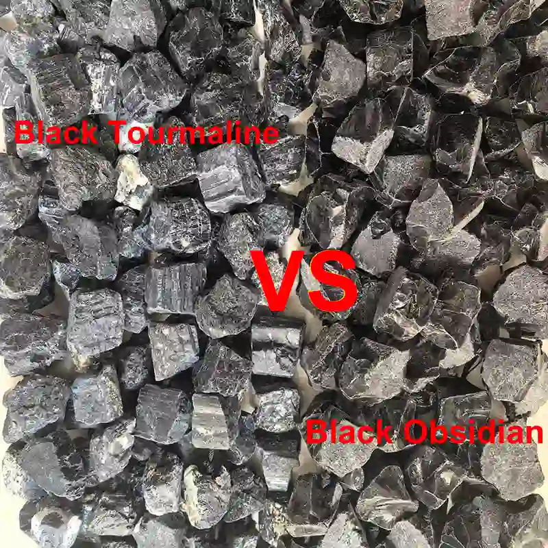 Black Obsidian vs Black Tourmaline comparison showing differences in color, shape, and texture