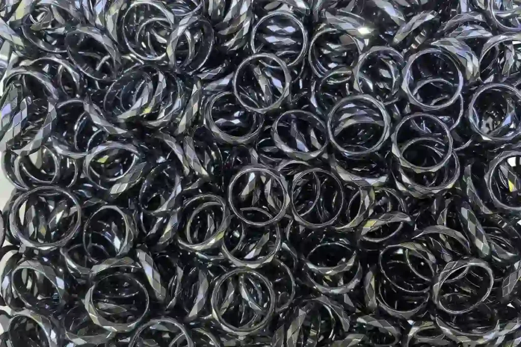 Faceted hematite ring benefits and polished metallic finish