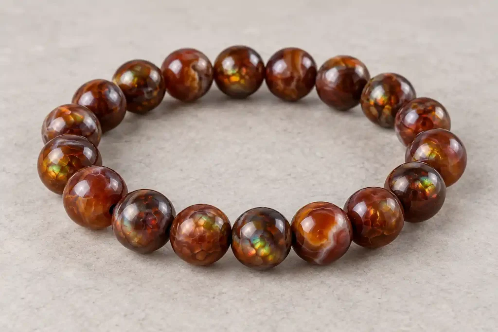 Fire Agate Meaning illustration showing a brown beaded bracelet with small areas of green and orange color