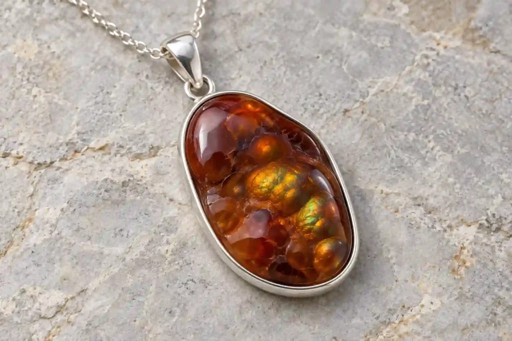 Fire Agate Meaning illustration of a brown gemstone pendant in a silver setting